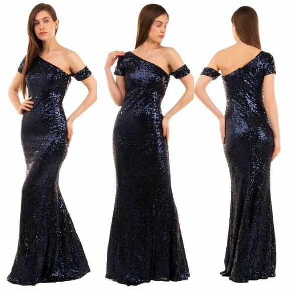 $650 NWT BADGLEY MISCHKA‎ Navy Blue Maxi Long Gown 10 12 Sparkle One shoulder - Picture 1 of 13